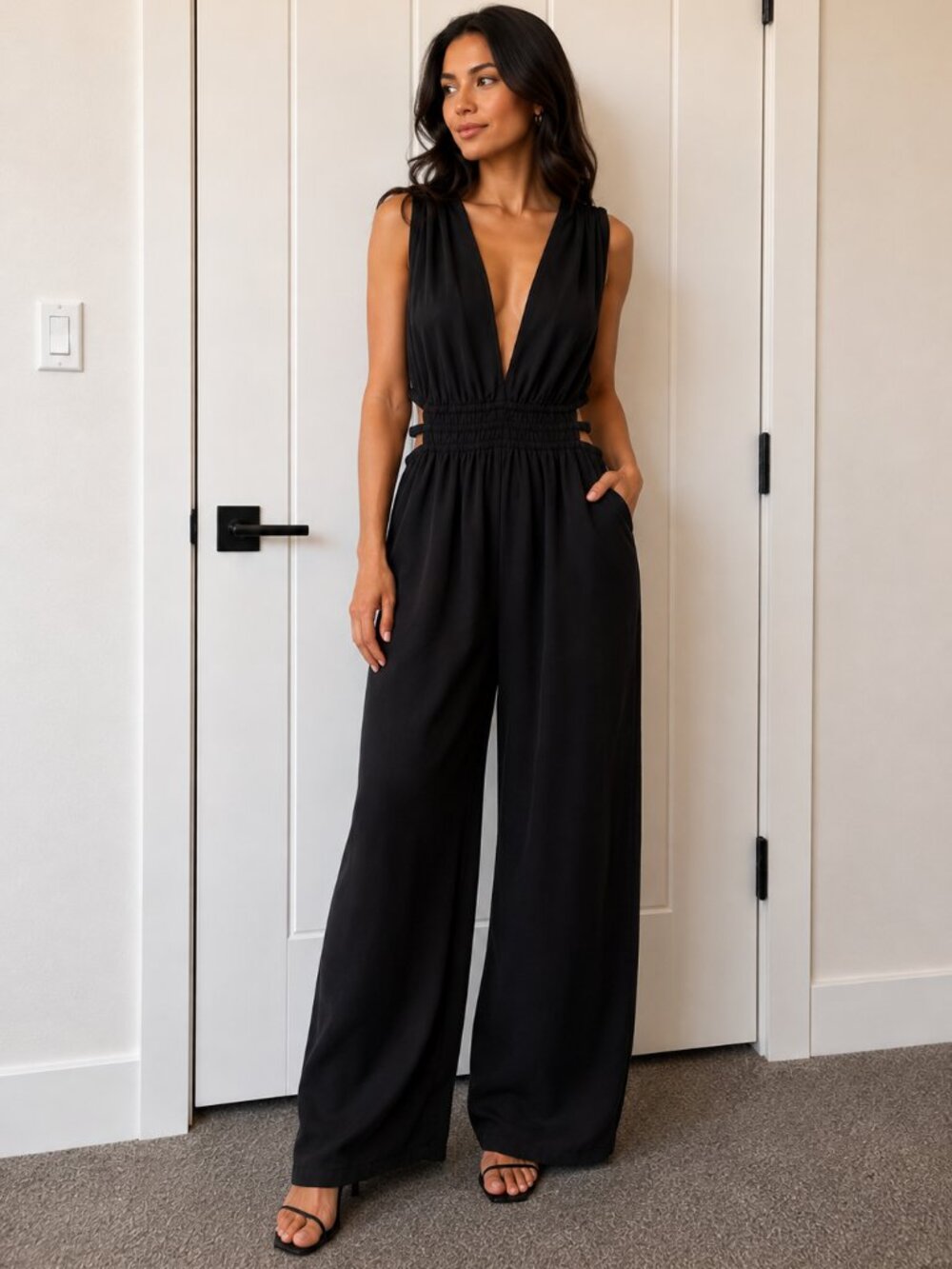 Indulge In Style Black Wide Leg Plunge Jumpsuit
